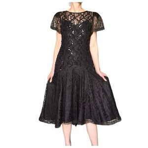 Vtg HW Collections Sequined Lace Overlay Midi Dress Sz S/XS Black Scoop Back